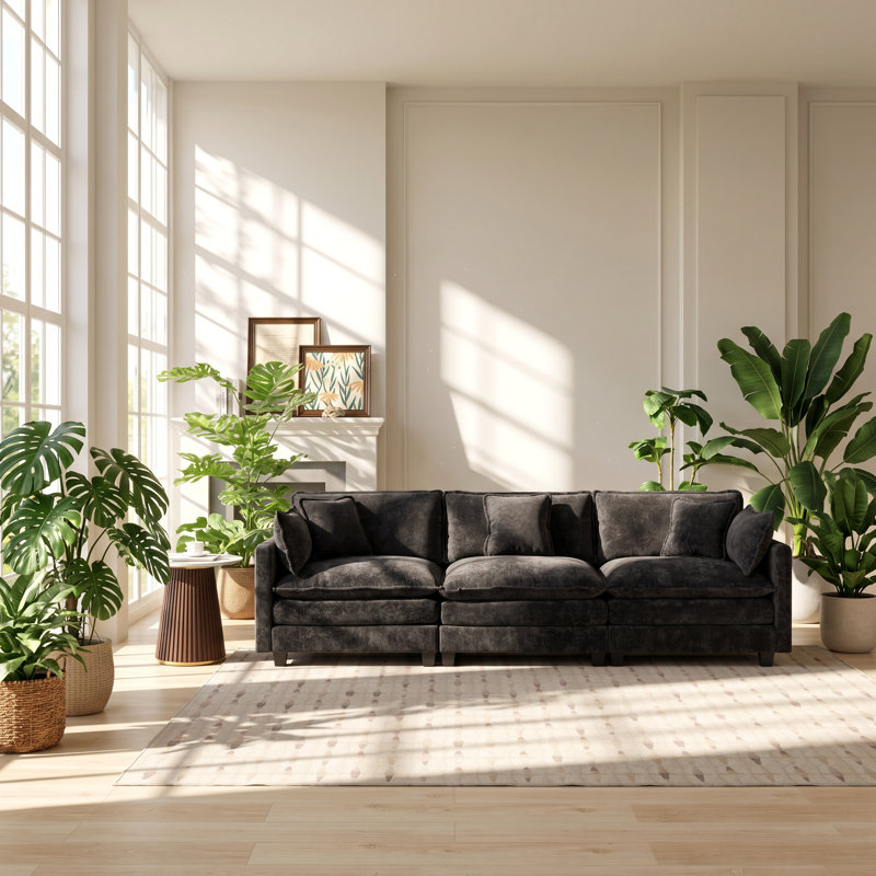 Cloud 35" W x 113.8" D x 33.1" H Chenille 3-Seat Modular Sectional Sofa, Black Chenille, 33.1" H x 113.8" W x 35" D