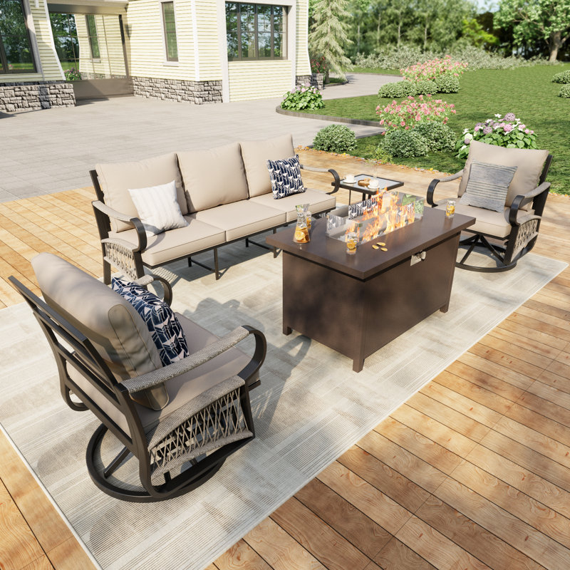 5 Pieces Outdoor Furniture Set With Fire Pit Table, Modern Rope Patio Conversation Sofa Set With Rocking Swivel Chairs And End Table, Beige Cushions