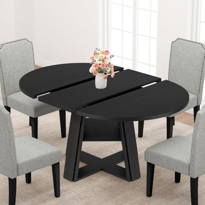 Extendable Round-to-Oval Dining Table, Wooden Pedestal Base with Storage Shelf
