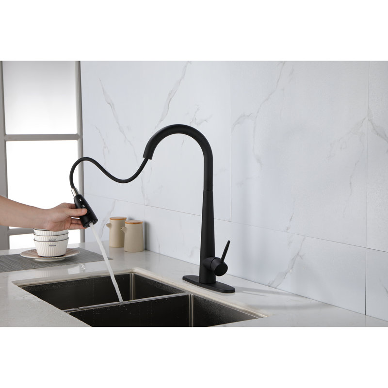 Pull Down Single Handle Kitchen Sink Faucet In Stainless Steel, Matte Black Hue, 360 Rotating High - Arc Nozzle, Three Water Output Forms  Stream, Spray,  , Simple Temperature And Flow Control, Rust