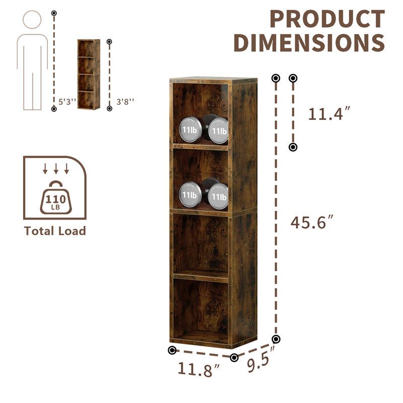 Wooden Bookshelf, Cube Storage Shelf, Floor Organizer for Bedroom, Living Room, Brown, (4 Shelves) 45.87"H x 11.81"W x 9.45"D