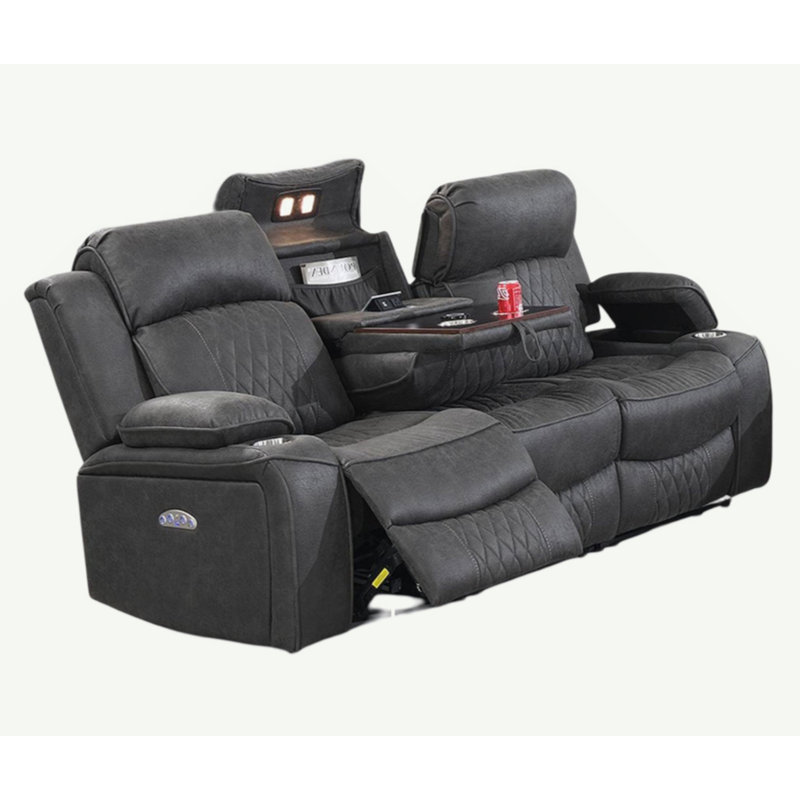 Power Motion Sofa 1Pc Contemporary Gel Leatherette Storage Arms W Cup Holder Living Room Furniture, Charcoal