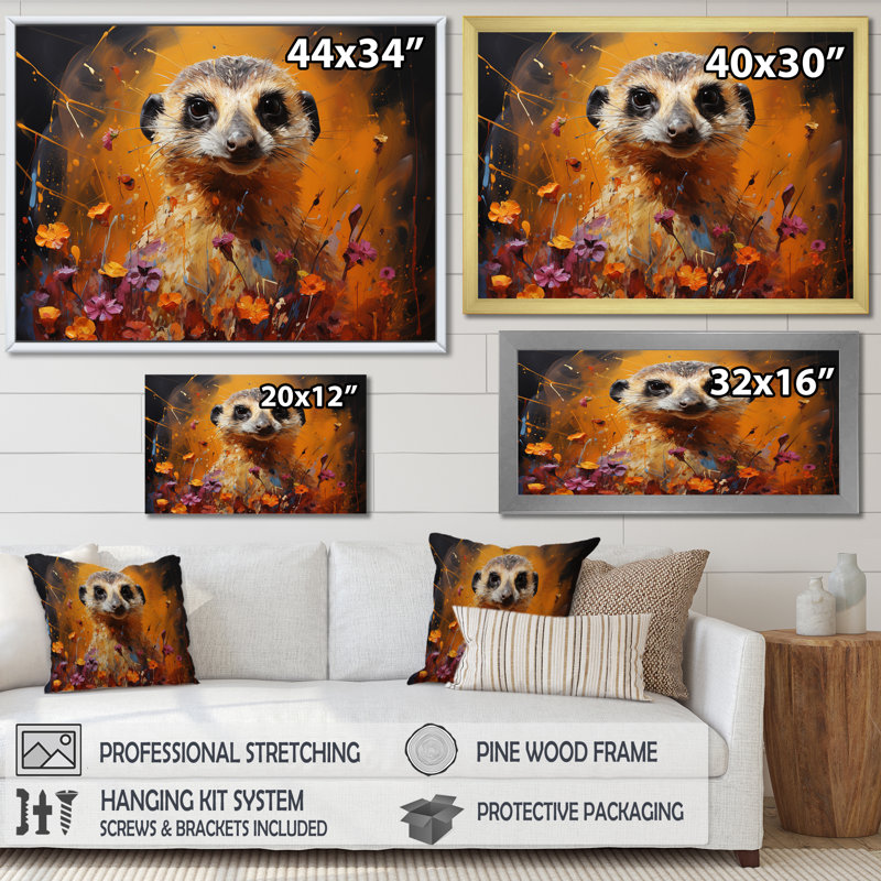 Suricate brun, prairie florale II - art mural Meercat, Cadre d'angle fermé noir, H 30 po x l 40 po x P 1,5 po