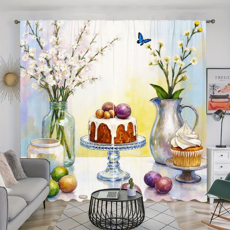 2 panneaux de rideaux filtrant la lumière avec des fleurs de cerisier et des papillons, L 52 po x H 63 po x 2 pièces