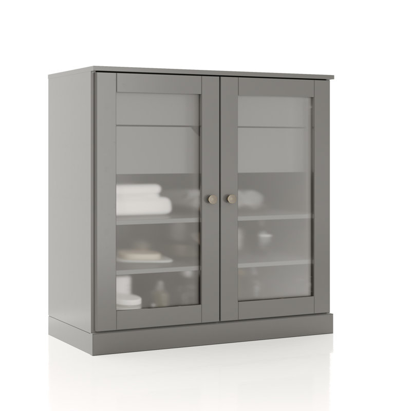 100% Solid Wood 32" Bathroom Cabinet with Frosted Glass Doors, 2-Drawers and Adjustable Shelves, Gray
