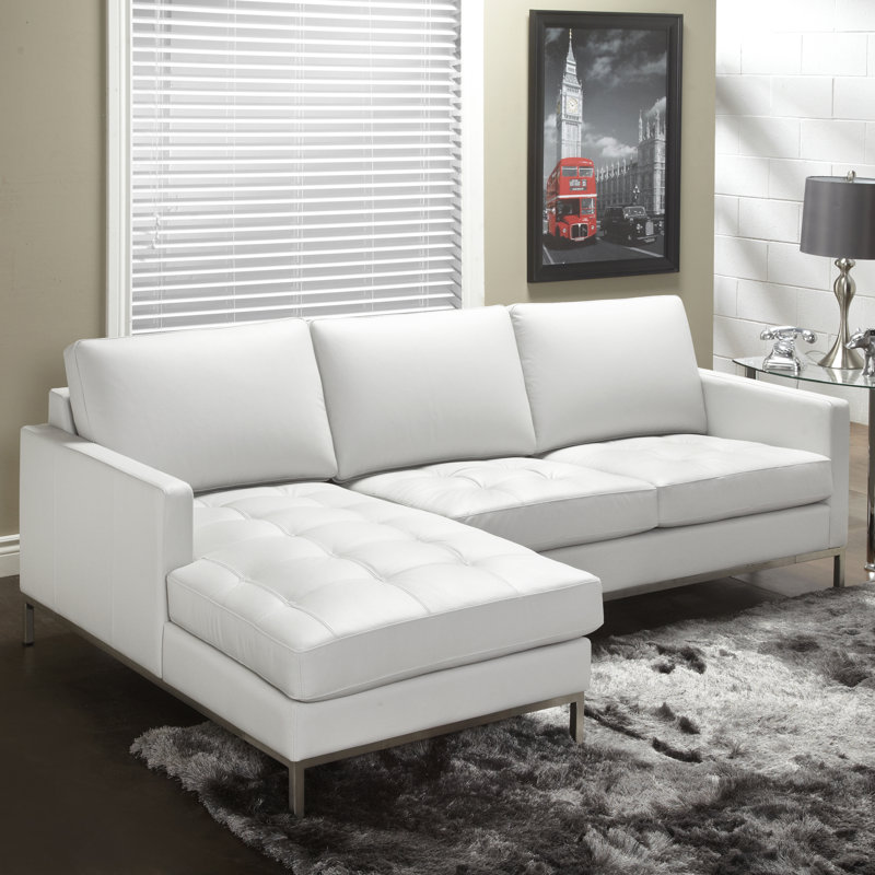 Canapé et méridienne en cuir véritable de 92 po de largeur Corniche, Cuir véritable blanc polaire