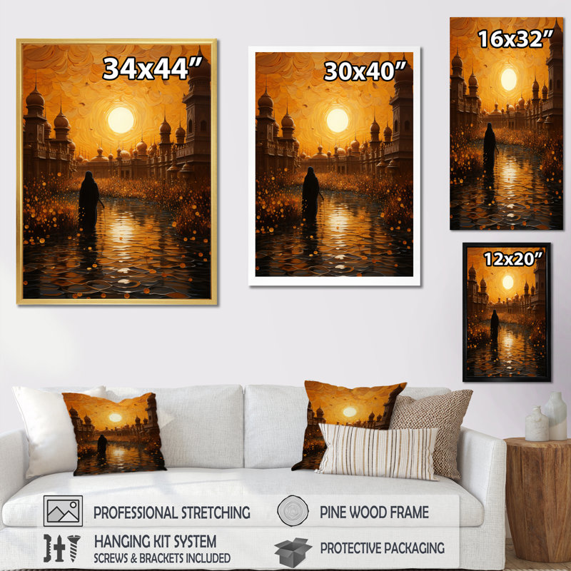 «Leeja Hinduisim Golden Temple III», reproduction sur toile, H 32 po x l 16 po x P 1 po, Cadre flottant doré