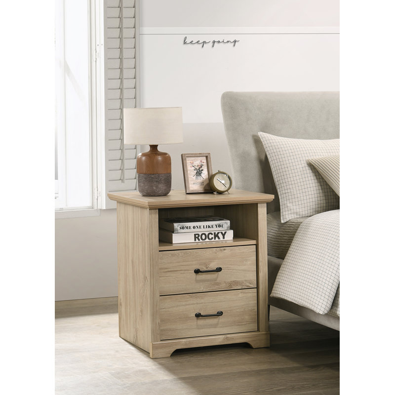 22"W Light Oak Finish 2-Drawer Nightstand Bedside Table With USB Charging  Ports, Light Oak