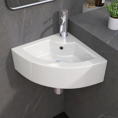 13 po x 13 po x 5 po Lavabo de salle de bain d'angle mural en céramique dans un récipient blanc suspendu avec trop-plein