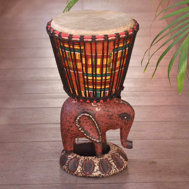 African Elephant Wood Djembe Drum Sculpture