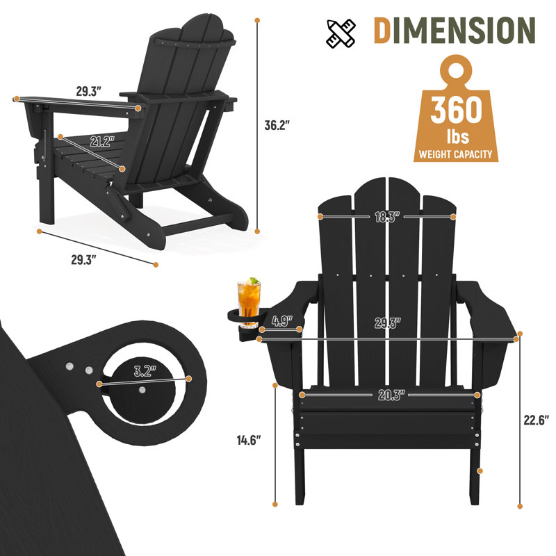 Chaise Adirondack pliante Kahn avec porte-gobelet , Noir