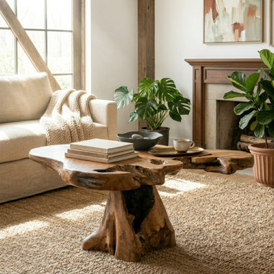 Burruss Handmade Solid Wood Live Edge Coffee Table with Natural Root Pedestal Base Every Piece Uni