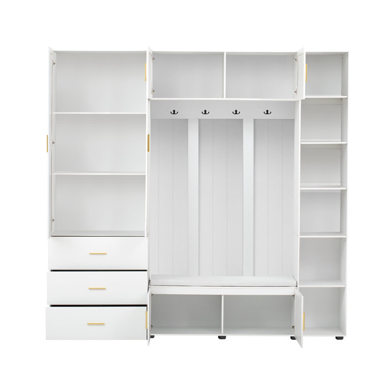 Farmhouse Hall Tree with Drawers, Storage Cabinets and Shoe Storage Bench, Entryway Organizer with 4 Coat Hooks and Adjustable Shelves