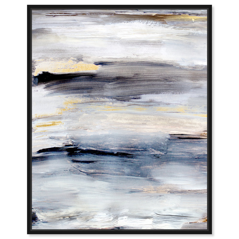 Modern Gray Brush Stroke Painting Print, Black Floater Framed, 46" H x 37" W