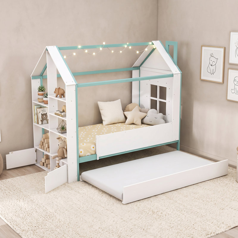 Lit en bois avec lit gigogne escamotable et lumières DEL, Lit simple, Bleu blanchi