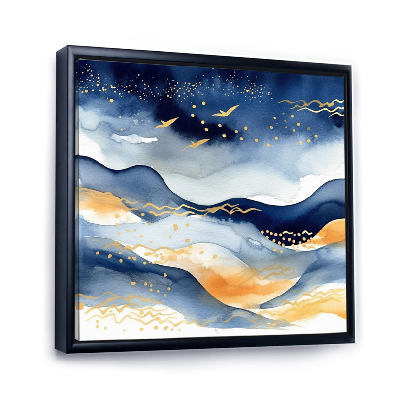 Abstrait bleu foncé et doré, H 36 po x l 36 po x P 1,5 po, Cadre flottant noir
