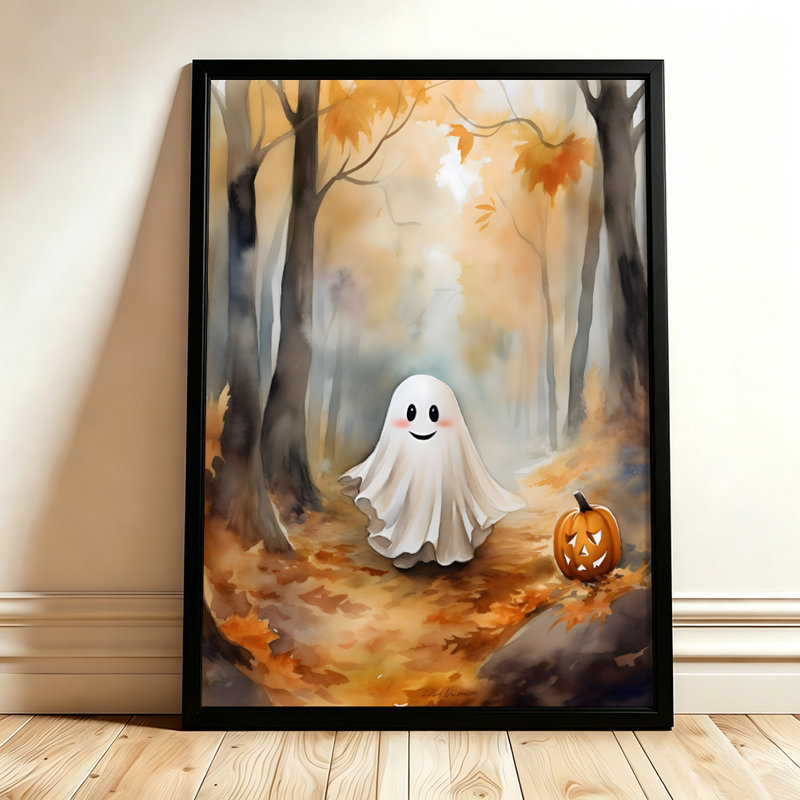 Fantôme amical d'Halloween avec une citrouille dans une forêt d'automne, tableau sur toile encadré, cadre marron, 50 x 75 cm