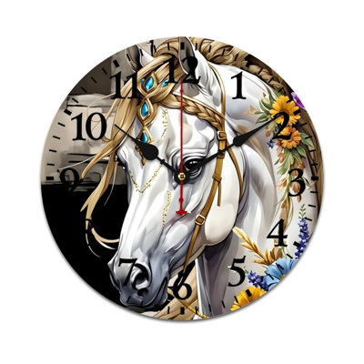 Decorated White Horse Decorative Wall Clock, 12" X 12"