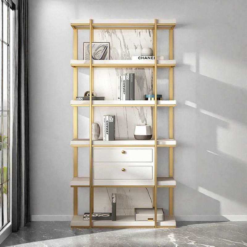 Bibliothèque haut de gamme et simple, (4 tablettes) H 78,7 po x l 47,2 po x P 11,8 po, Blanc / Doré