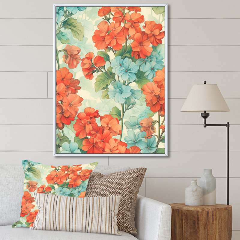 Impression sur toile «Blue and Orange Geranium Collage», Cadre flottant blanc, H 20 po x l 12 po x P 1 po