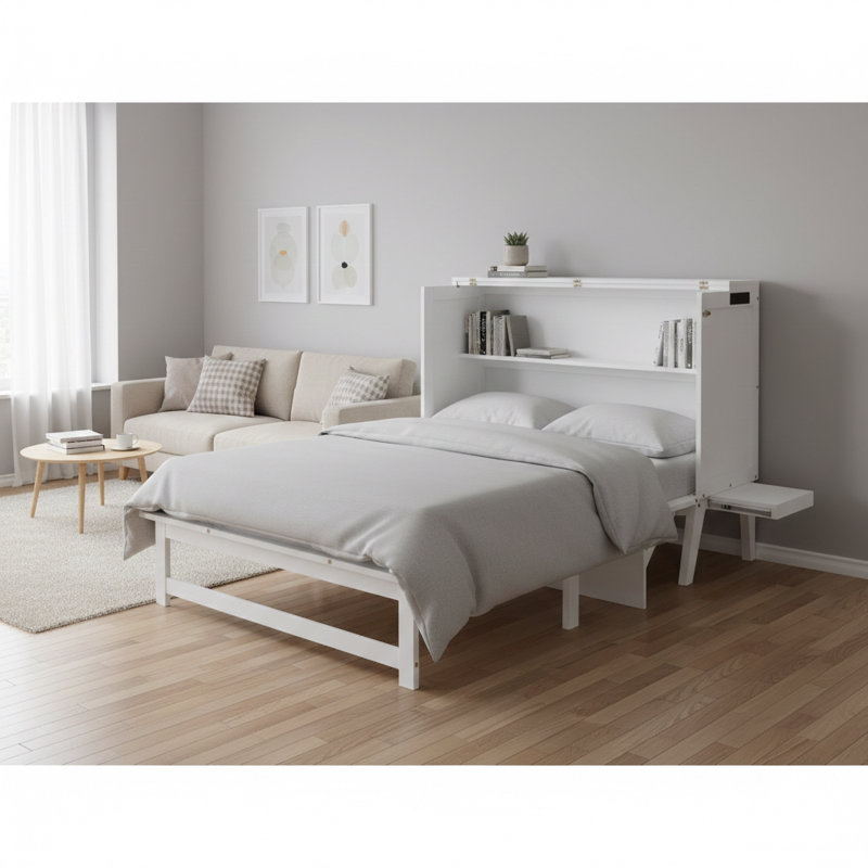 Grand lit à armoire murale avec ports USB et tablettes latérales amovibles, lit escamotable en pin massif pour bureau à domicile ou chambre d'amis, blanc