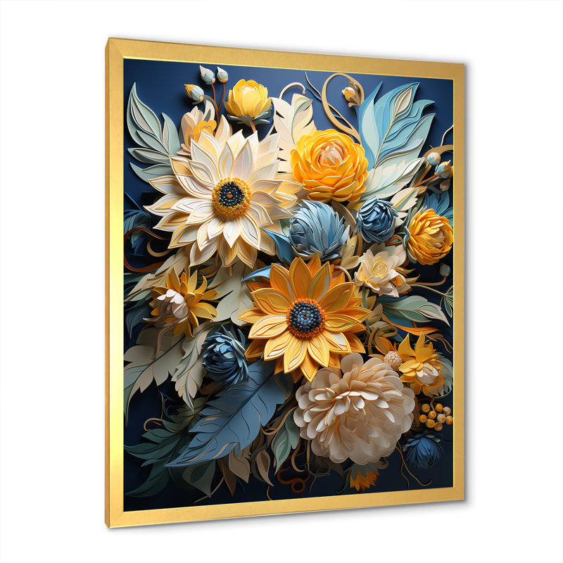 Abstrait bleu et beige tournesols I - impressions sur toile de tournesols, Cadre flottant noir, H 44 po x l 34 po