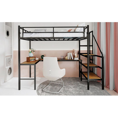 Loft Bed With L-Shaped Desk, Large Storage Space And Storage Compartments, Sturdy Bed Frame With Stairs, Continuous Belt Railing, Space-Saving, Noiseless, No Elephant Springs Required