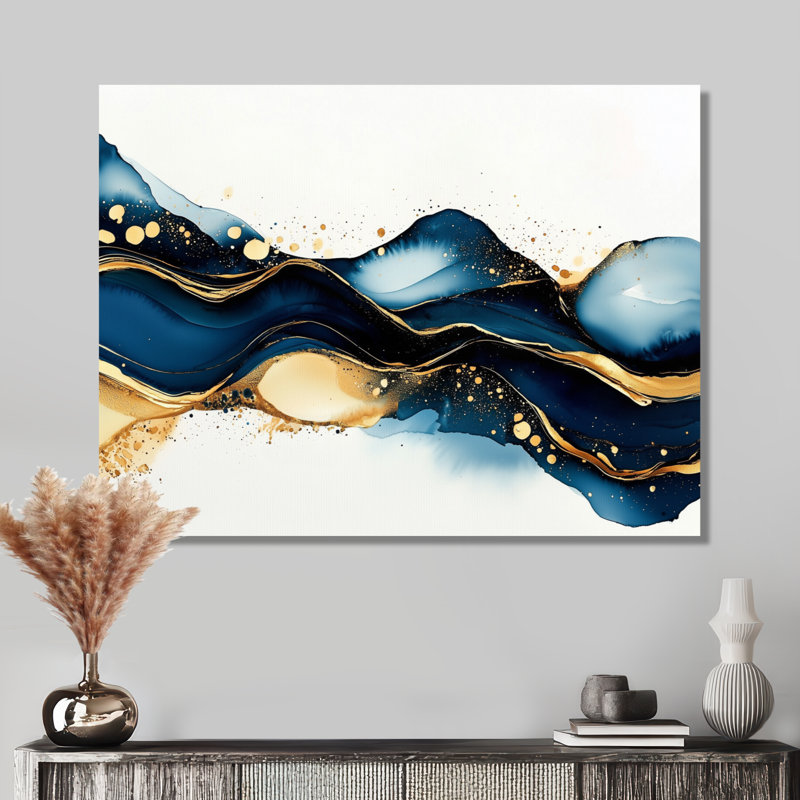 Galaxy majestueux bleu et or liquide encre I - décoration murale abstraite en métal, impression moderne sur métal