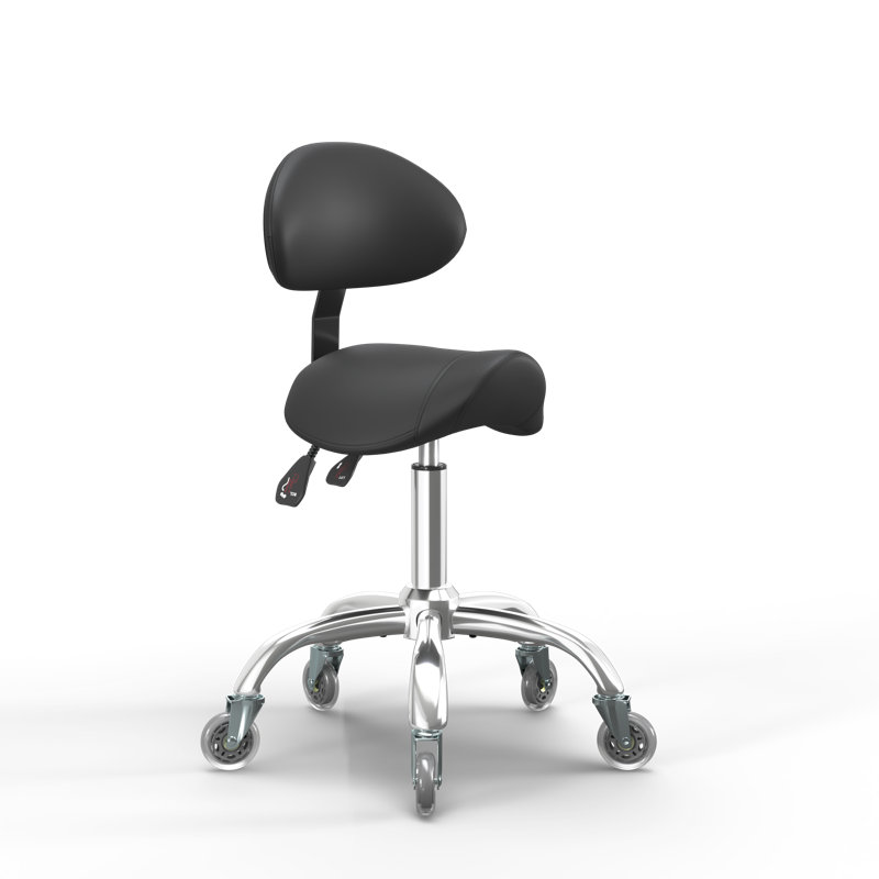 Ergonomic Saddle Stool with Premium Leather, Backrest Support, Rolling Casters, Easy to Assemble, Black, Black