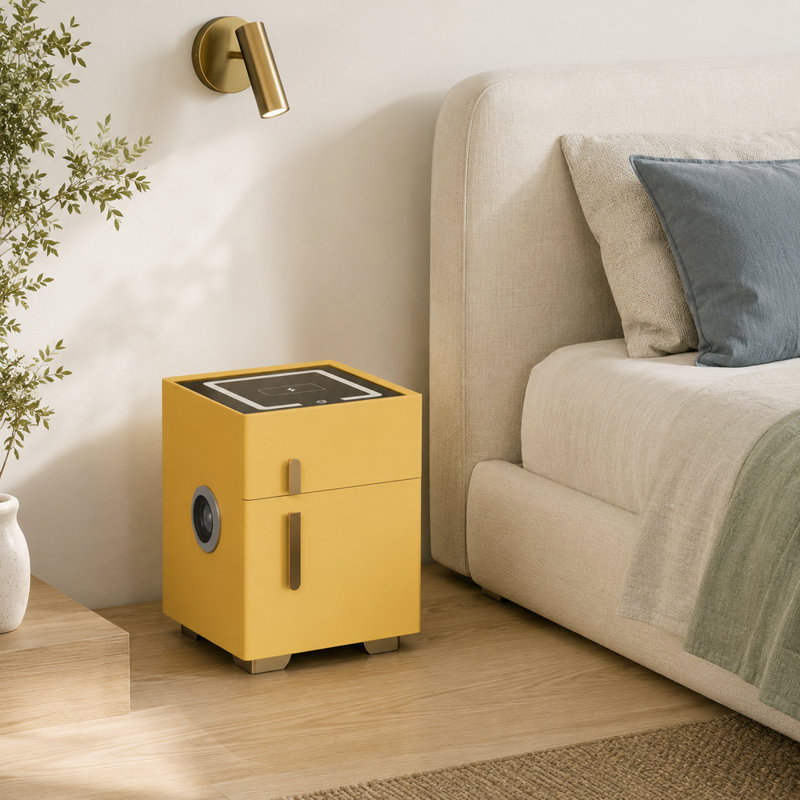 Table de chevet moderne et élégante de 53 cm de haut en pin massif, revêtue de cuir microfibre, disponible en 7 couleurs, avec serrure à code, chargement sans fil, port USB, éclairage tricolore et haut-parleur Bluetooth.