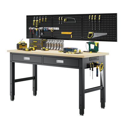60"W Adjustable Height Multifunctional Workbench With 2 Drawers、Pegboard And  Power Outlets, 2000Lbs Load