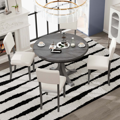 5-Piece Retro Round Dining Table Set With Curved Trestle Style Table Legs And 4 Upholstered Chairs For Dining Room -  Wildon HomeÂ®, 8ADCCF457CDA4644845B9027C3618F23