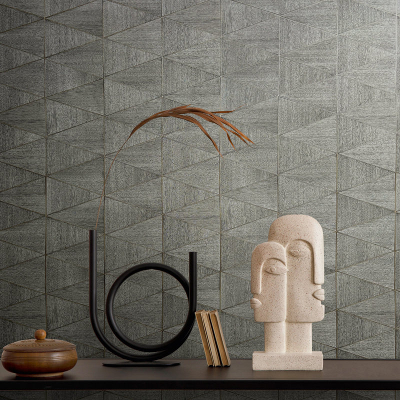 Woods and Wicker Collection Triangular Wood Tile Wallpaper Roll, Gray
