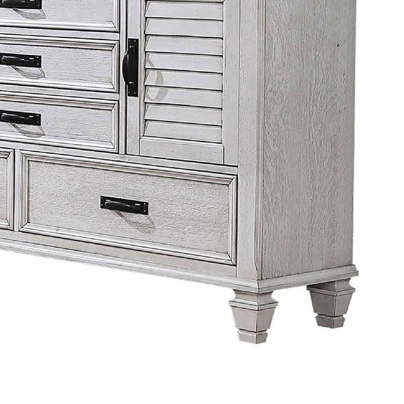 Commode large Eli avec miroir, 5 tiroirs et 2 armoires, blanc vieilli