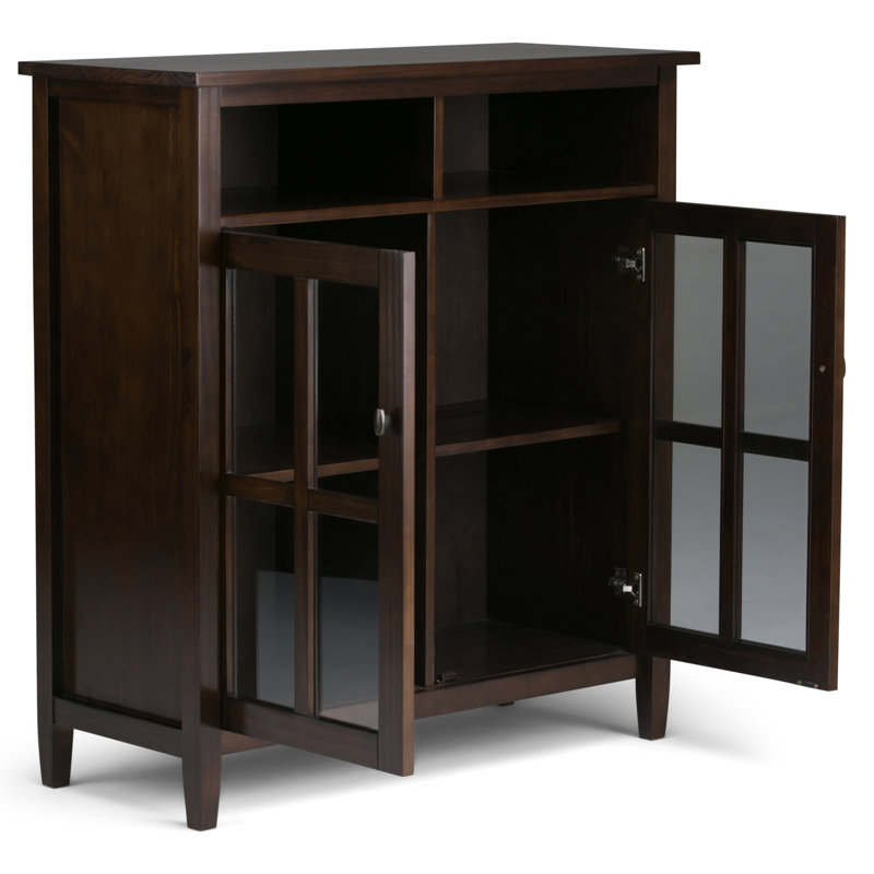 Warm Shaker 39"W Solid Wood Transitional Medium Storage Media Cabinet with Open Cubbies and Glass Doors, Tobacco Brown
