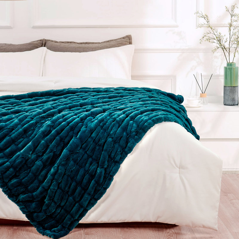  Jeté en fausse fourrure extensible, Bleu sarcelle, L 60 po x L 70 po