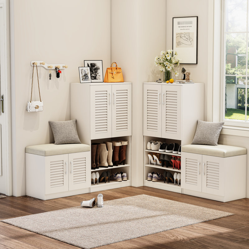 Range-chaussures blanc avec 7 + 3 compartiments et couche réglable, pour le vestibule, coussin de rangement