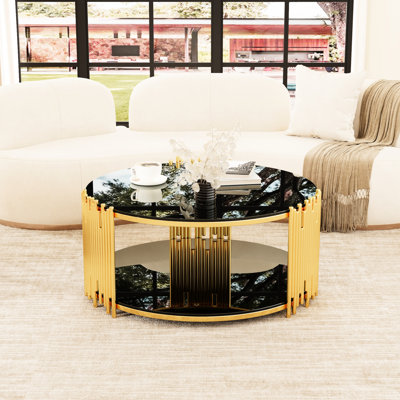 Modern minimalist light luxury style stainless steel circular coffee table, black tempered glass countertop, living room coffee table