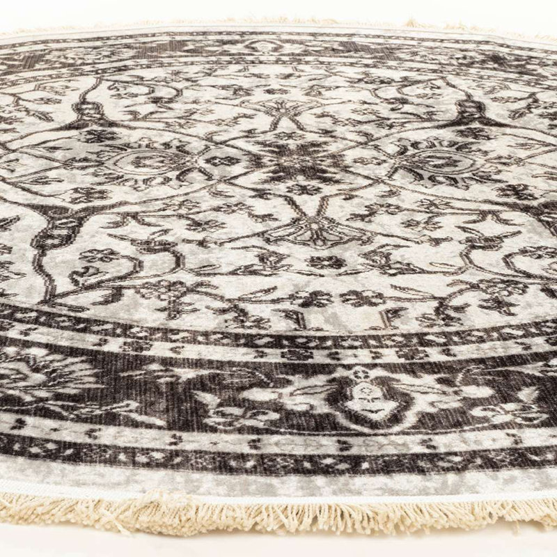 Ultra-Thin Oriental Gray Cream Non-Slip Washable Area Rugs for Living Room Bedroom, Round 4'11''