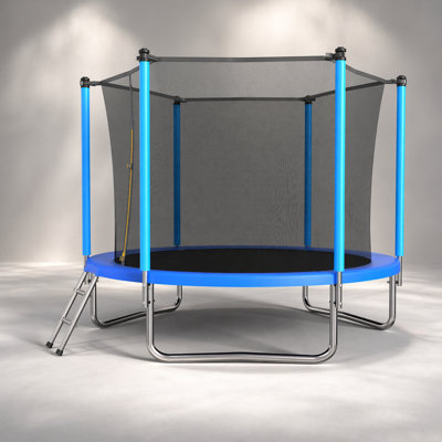 8FT Blue Trampoline with Safety Net, Basketball Hoop, and Ladder for Kids Outdoor Fun and Exercise