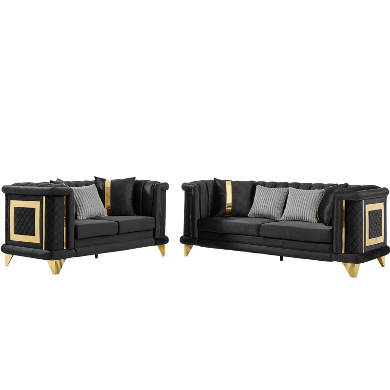 Ensemble de canapé de luxe en velours avec garnitures en acier inoxydable doré, design moderne Mid-Century pour les salons élégants