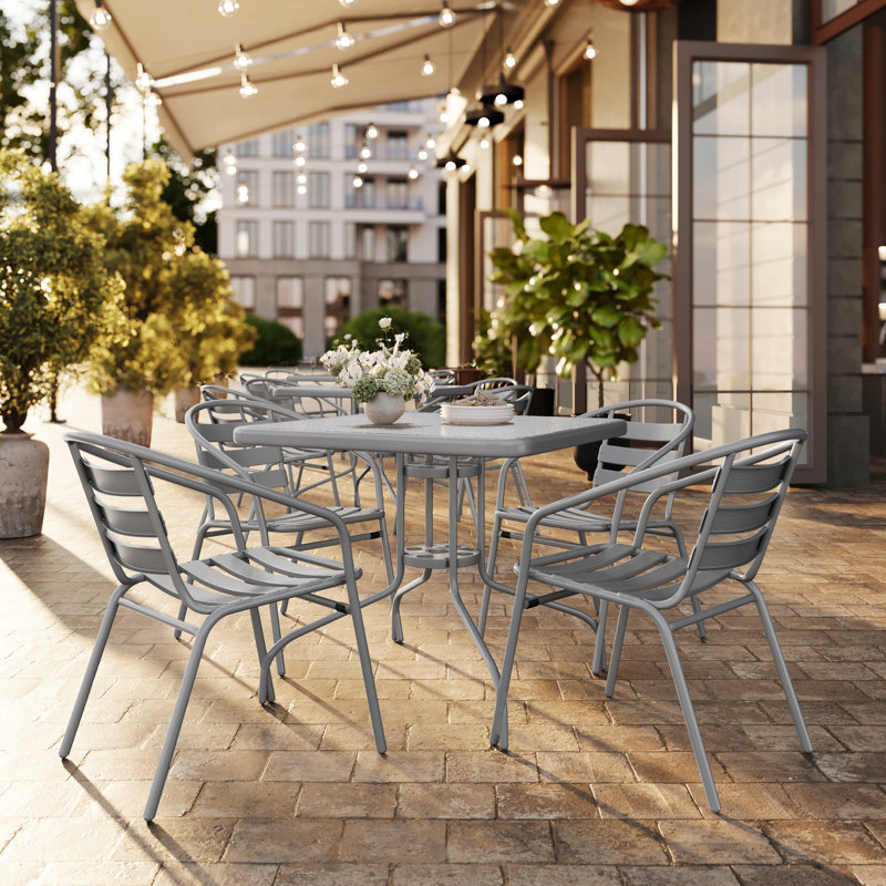 Amlie 31.5" Square Glass Dining Table with 4 Aluminum Chairs, Bronze