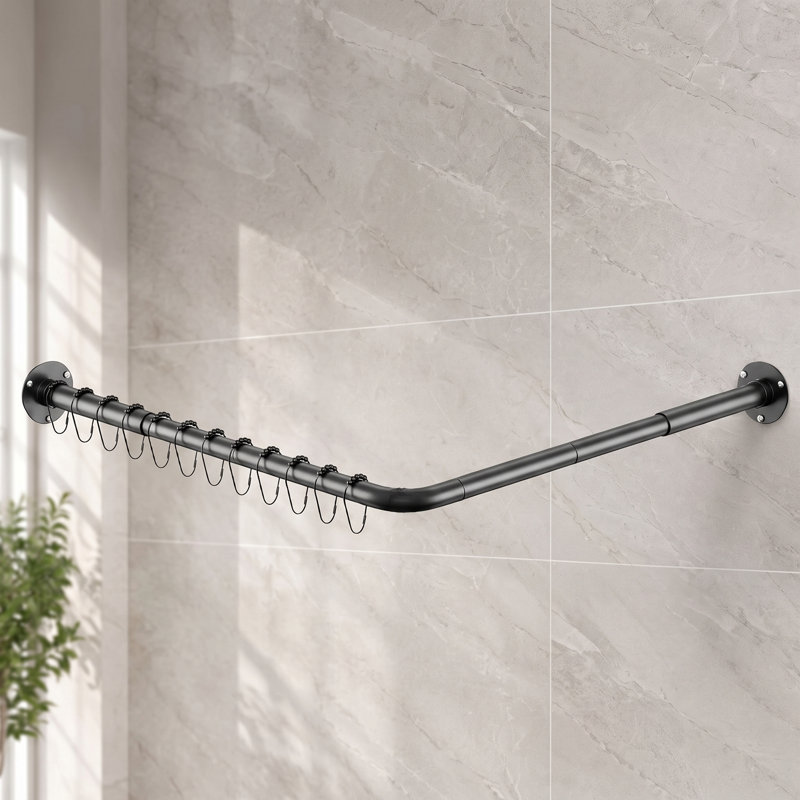 A black L shaped corner shower rod adjustable from 23''-69'' X 23''-69'', made entirely of 304 stainless steel; it includes 12 shower curtain rings, requires drilling, and is intended for bathrooms, bathtubs, and clothing stores.