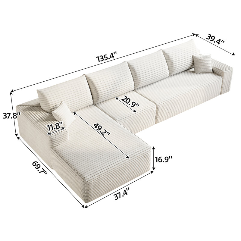 Canapé modulaire de 135 po avec méridienne en forme de L, siège profond modulaire blanc et tissu velours côtelé de 135 po, sans méridienne, aucun assemblage requis.