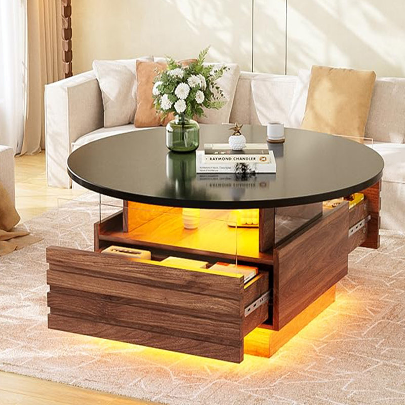 Round Coffee Table with LED Lights & 2 Drawers, Modern Center Table with Tempered Glass, for Living Room, 80 x 80 x 40 cm