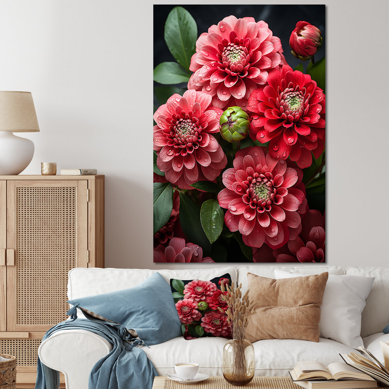 Rouge magnifique Zinnias Blooms II - fleur, art mural, Toile tendue, H 60 po x l 40 po