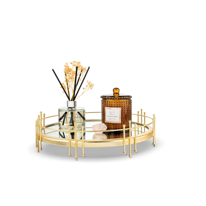 Plateau rond à miroir avec motif symétrique doré