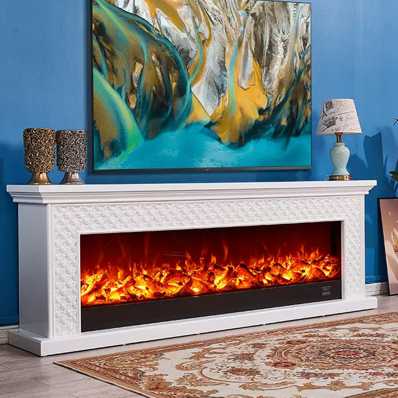 Foyer blanc en bois massif avec meuble télé, Blanc