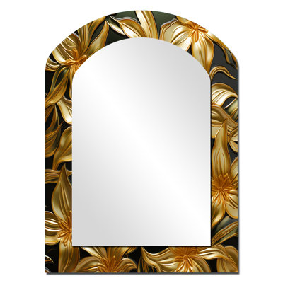 Golden Lily Flower Glam On Black IV - miroir mural décoratif Lily Arch, miroir asymétrique moderne, impression sur métal