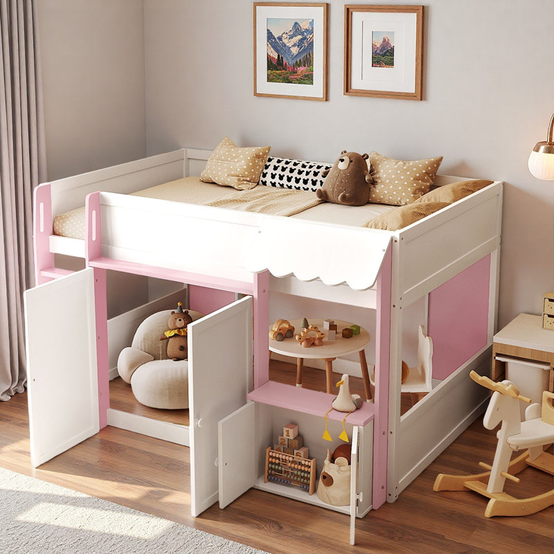 Lit mezzanine moderne avec maisonnette et rangement, Rose